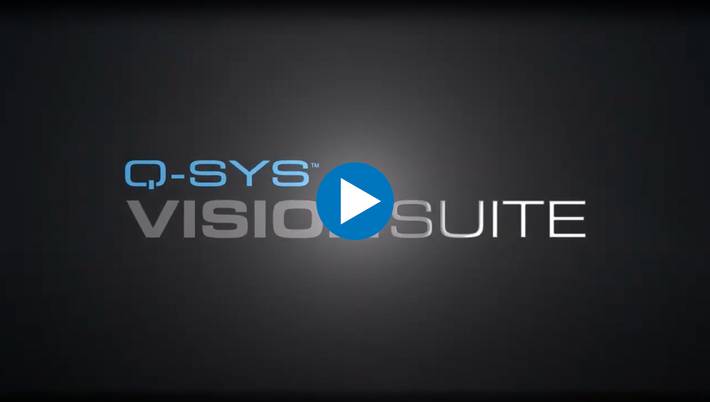 Play button logo, image text: Q-SYS VisionSuite