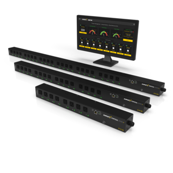 Group shot of SurgeX Vertical Series + Smart PDU with a monitor displaying SurgeX software