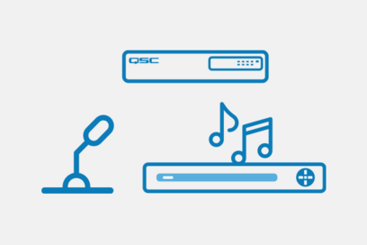 Q-SYS hardware, microphone, music note icon