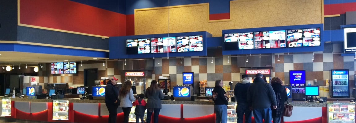 Busy concessions stand at the renovated Kendall 11 GDX complex in Oswego, Illinois