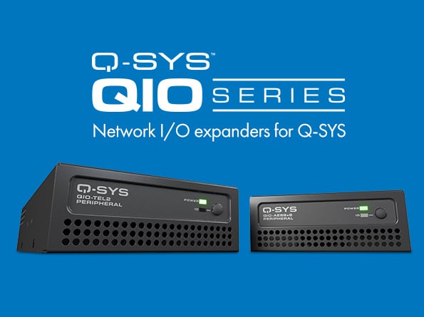 Graphic featuring a Q-SYS QIO-TEL2 next to a Q-SYS QIO-AES8x8, with text that states: Q-SYS QIO Series Network I/O expanders for Q-SYS