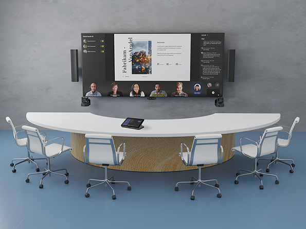 A table with a touch screen on top and 6 chairs facing a wall-mounted display of a conference call. With cameras, and speakers