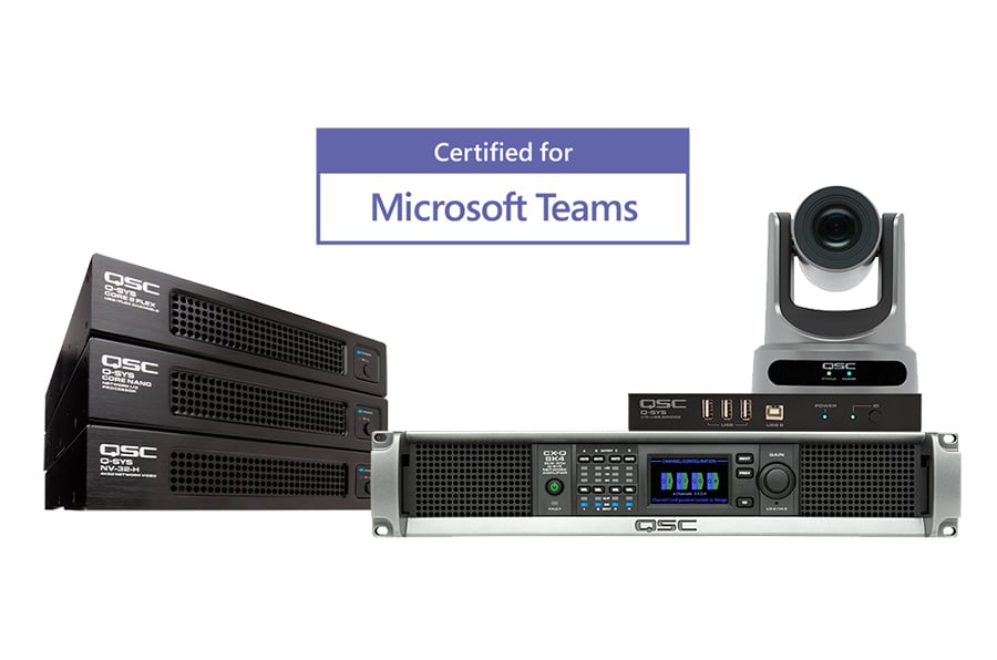 An array of Q-SYS hardware and peripherals with a Certified for Microsoft Teams badge