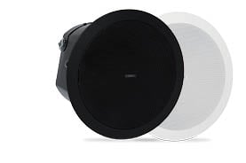 Front right-angled view of two QSC ceiling mounted loudspeakers
