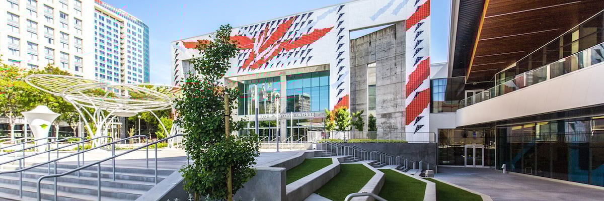 View of the architectural sleek entrance to the McEnery Convention Center