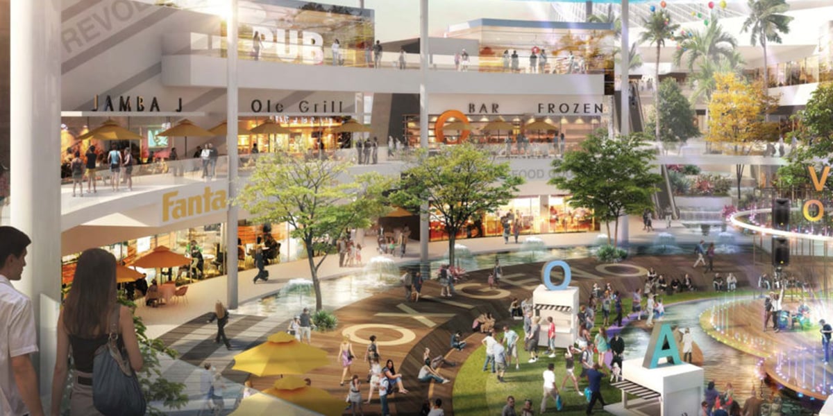Digital render of the Oxigeno Human Playground filled with shoppers