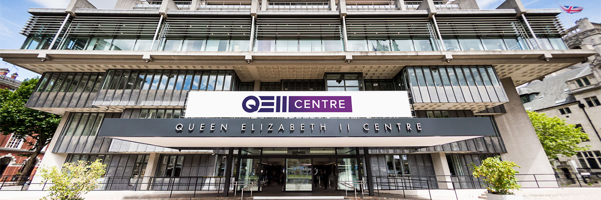 View of the entrance to the Queen Elizabeth II Centre building