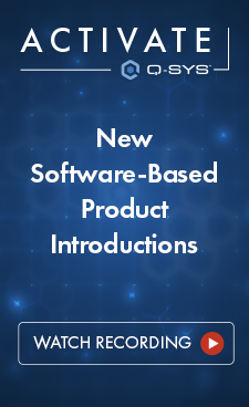 Image text: New Software-Based Product Introductions, watch recording. Activate Q-SYS logo