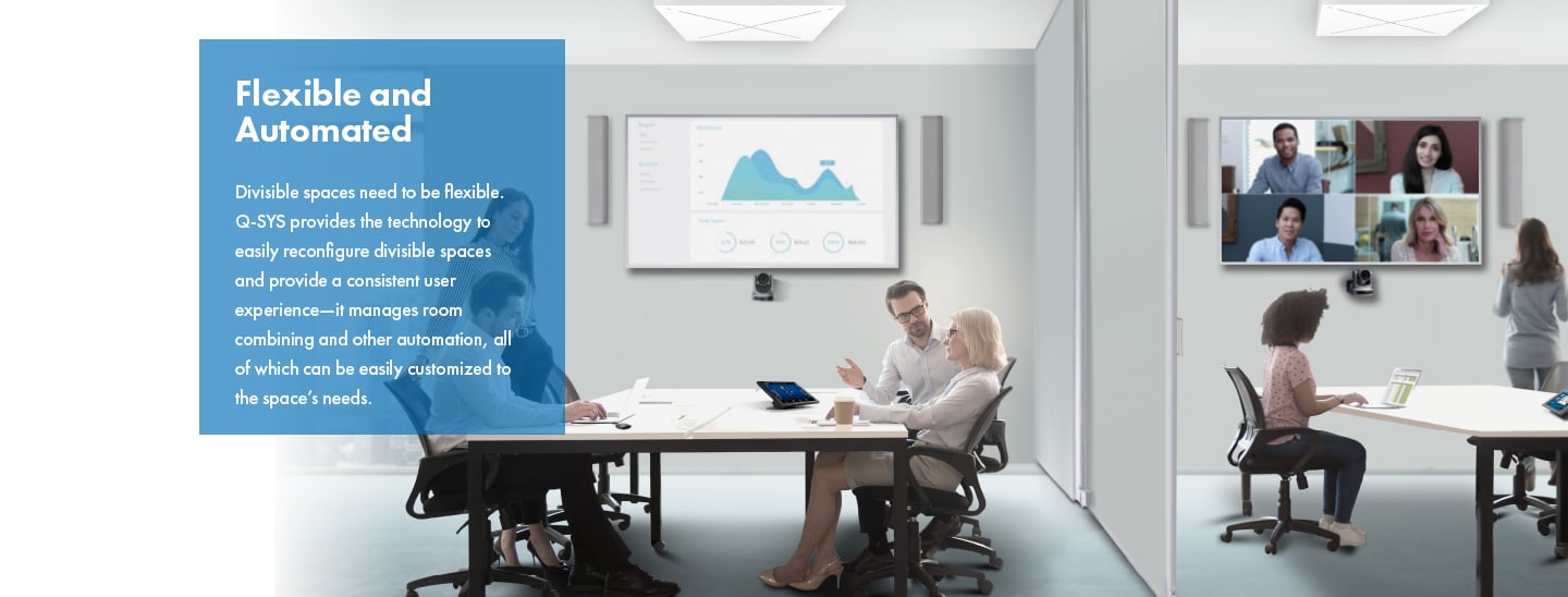 Two teams featuring Q-SYS peripherals and employees discussing, separated by a retractile divisible wall