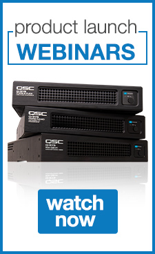 Image of stacked Q-SYS hardware. Image text: product launch webinars, watch now