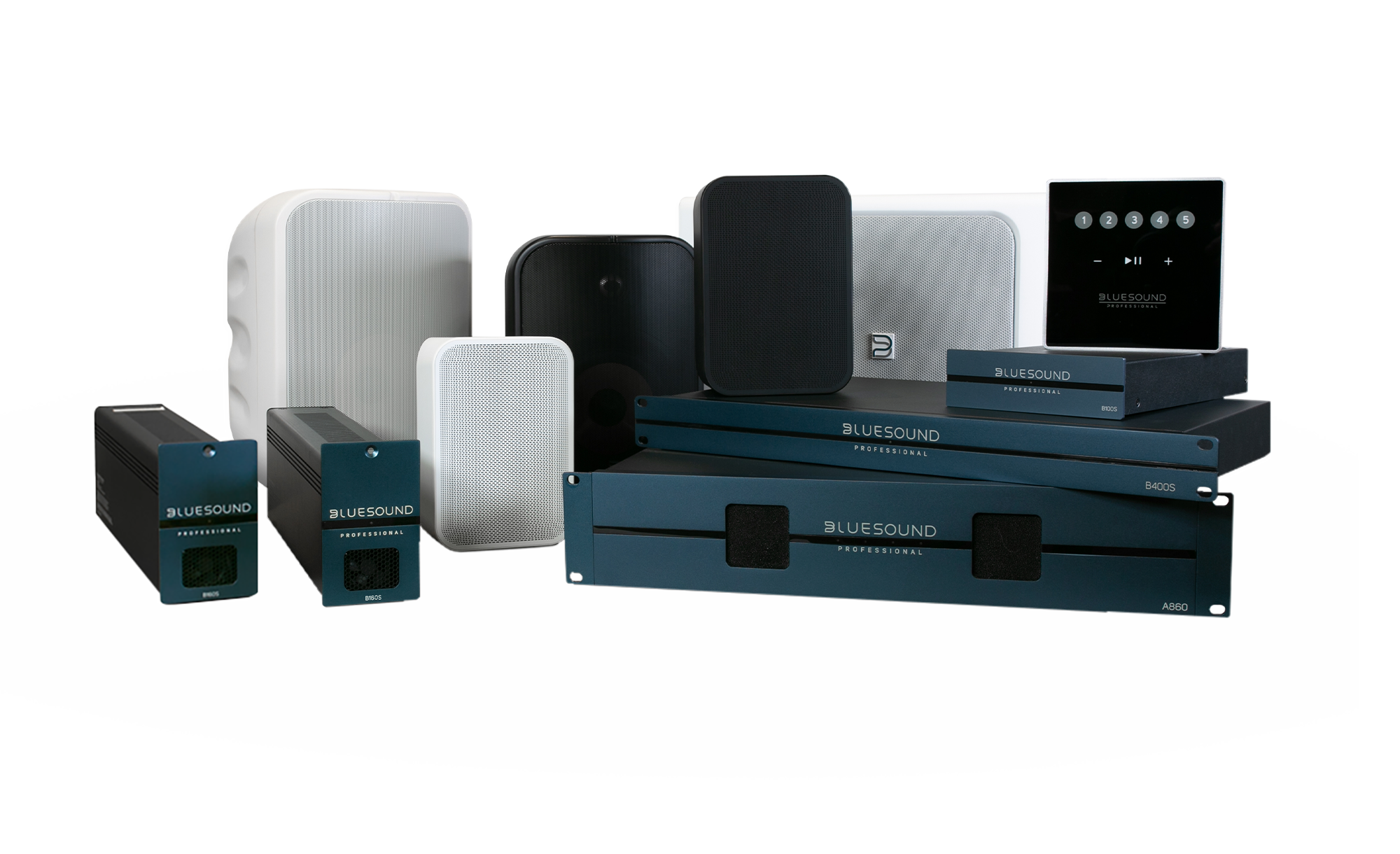 Group shot of BlueSound products