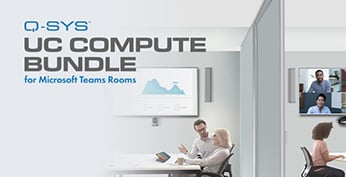 View of a divisible conference room with text that reads: Q-SYS UC Compute Bundle for Microsoft Teams Room