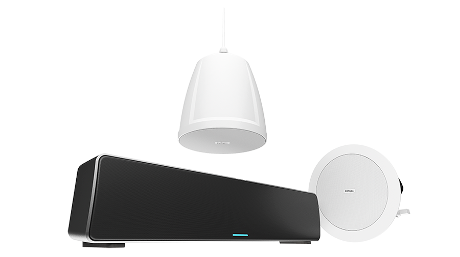 Group shot of three NL Series Speakers including a pendant, in-ceiling, and sound bar speaker