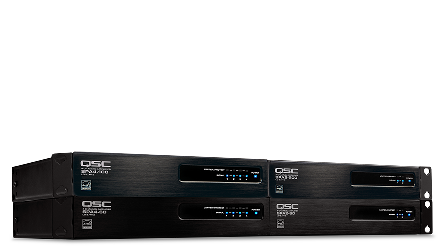 Front view of a 4 Q-SYS SPA Series Network Amplifiers