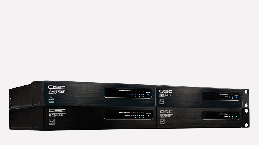 Front view of a 4 Q-SYS SPA Series Network Amplifiers