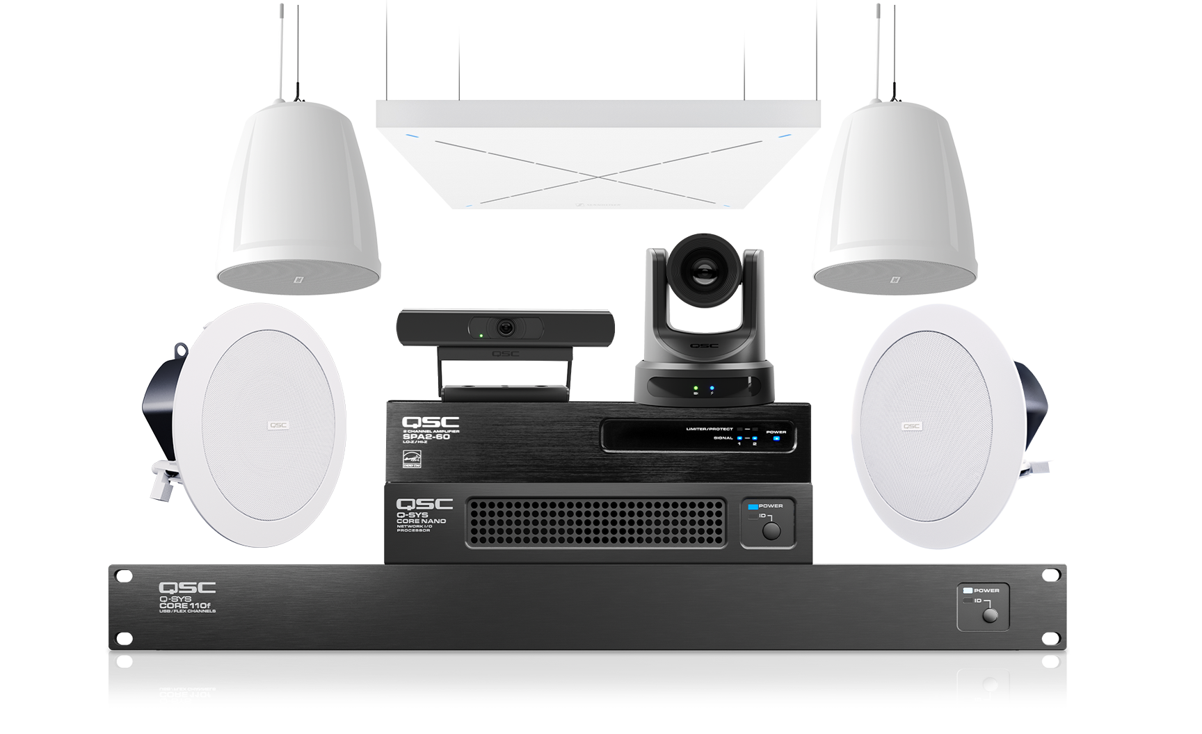 Array of Q-SYS devices, including Speakers, microphones and in-rack hardware
