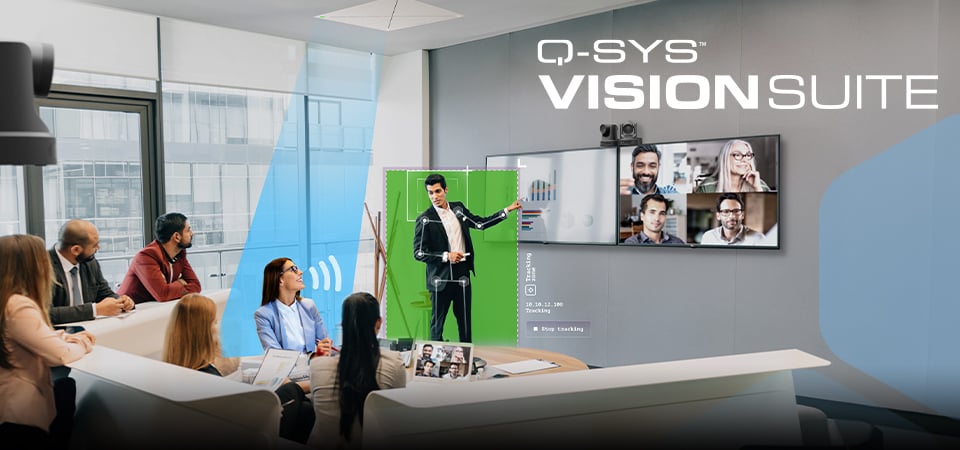 Image of a person presenting in a conference room, image text: Q-SYS VisionSuite
