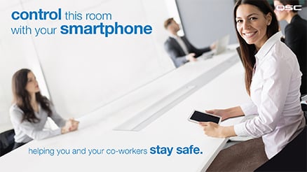 Woman on her phone with text that states: 'control this room with your smartphone, helping you and your co-workers stay safe.'