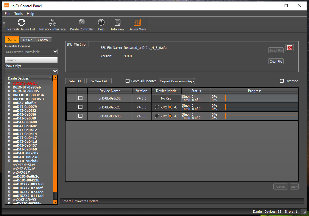 Screenshot of uniFY Control Panel Window