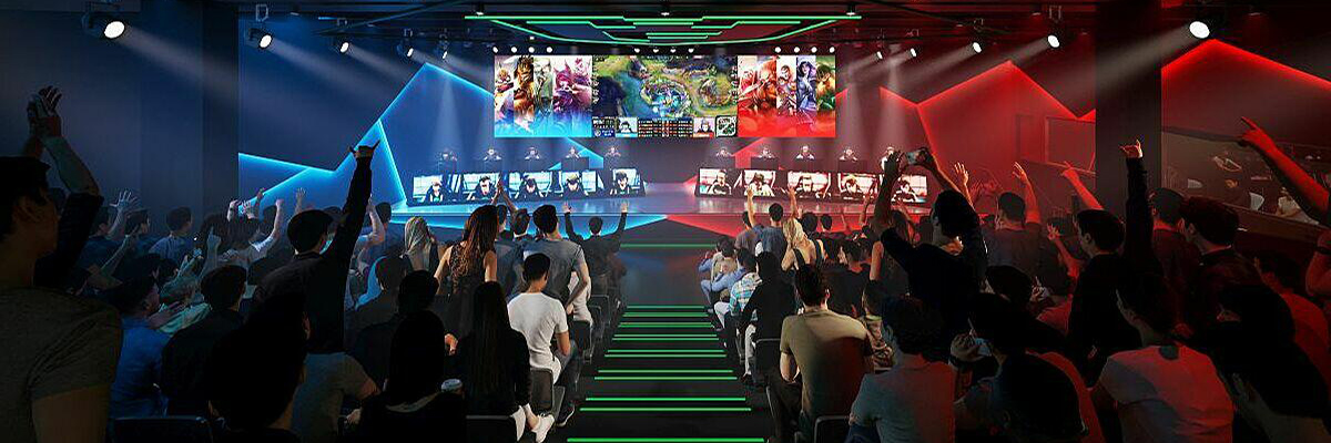 Computer Generated image of a crown cheering at an e-sports game at Fortress arena