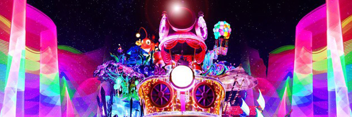 Colorfully lit parade barge at Chimelong Ocean Kingdom theme park