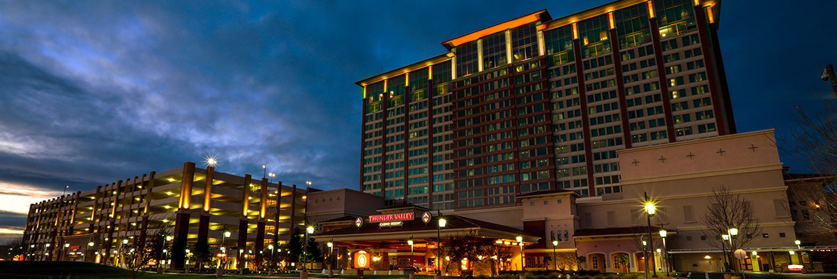 A stylishly lit Thunder Valley Casino Resort at night