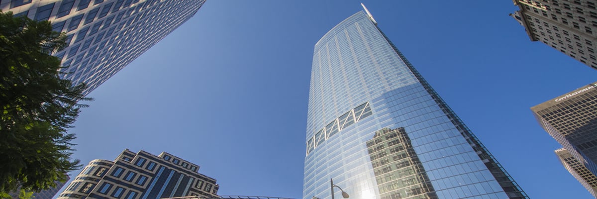 street-level of the immense, and tall Wilshire Grand Center skyscraper