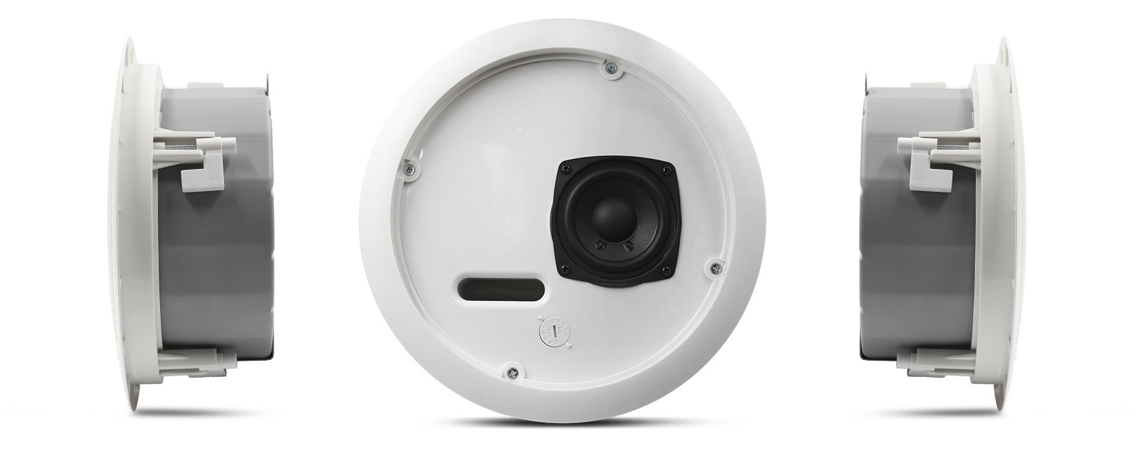Hero front and side view of the AC-C2T-LP in-ceiling speaker with the speaker grill off