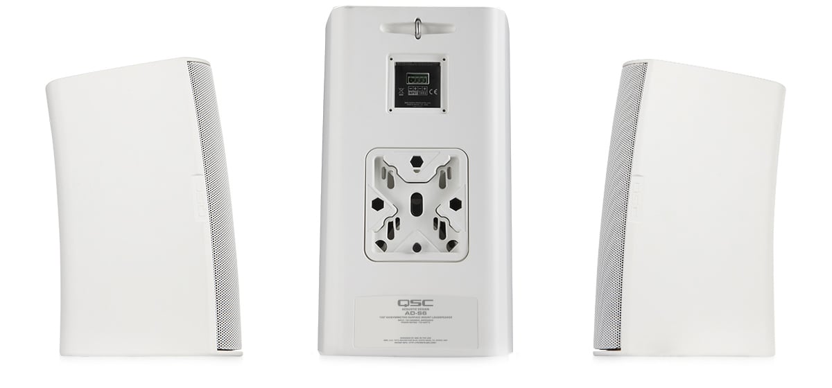 Hero rear and side view of the white AD-S6 premium loudspeaker