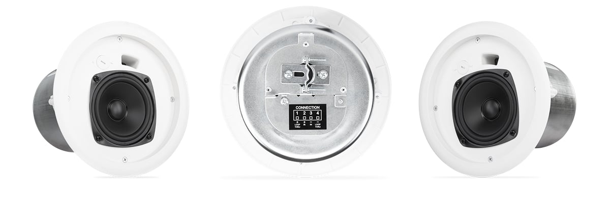 Hero front and back view of the AC-C4T in-ceiling speaker with the speaker grill off
