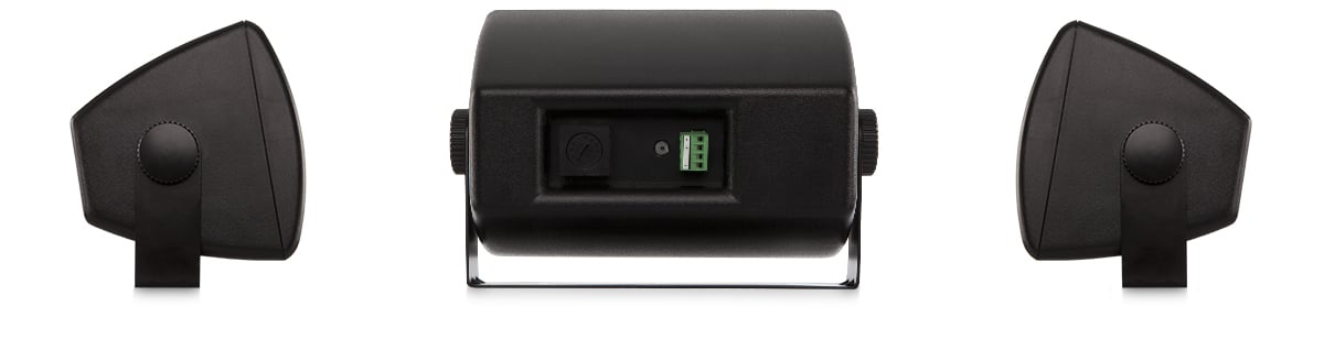 Hero rear and side view of a black in color AC-S4T loudspeaker with mount