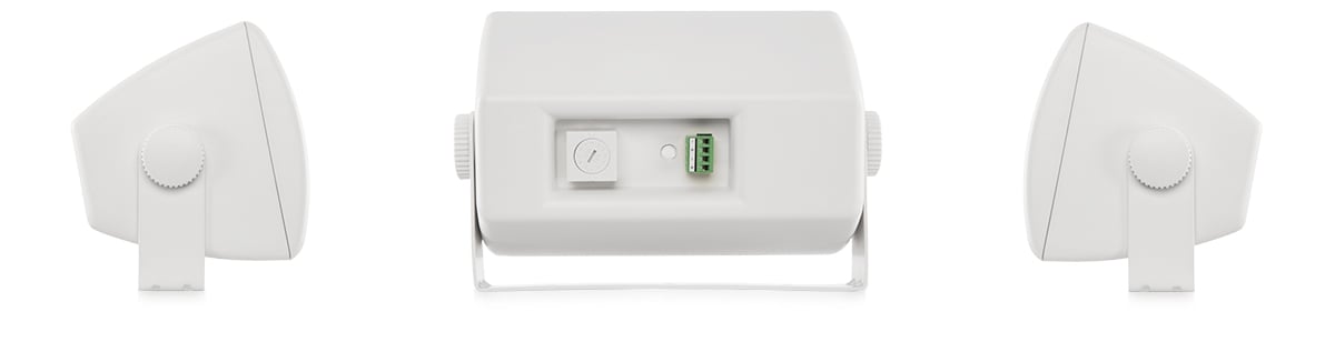 Hero rear and side view of a white in color AC-S4T loudspeaker with mount
