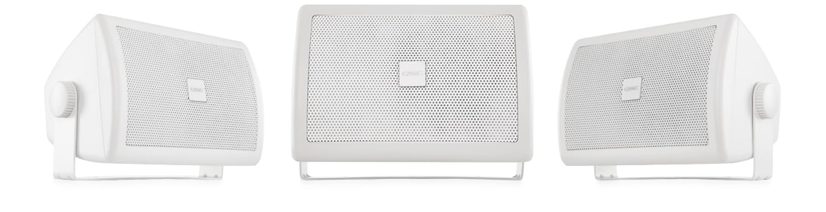 Hero front and angled view of a white in color AC-S4T loudspeaker with mount