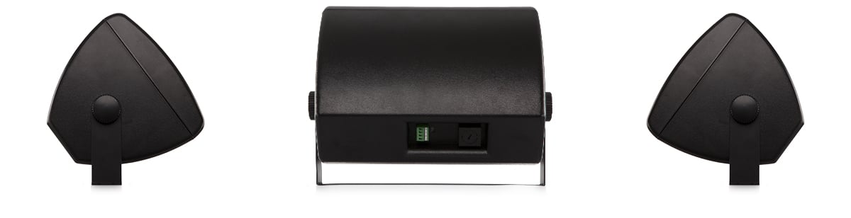 Hero rear and side view of a black in color AC-S6T loudspeaker with mount