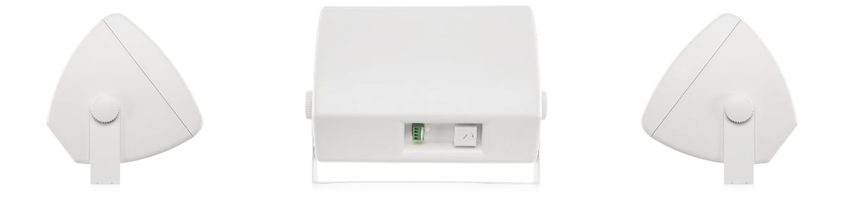 Hero rear and side view of a white in color AC-S6T loudspeaker with mount