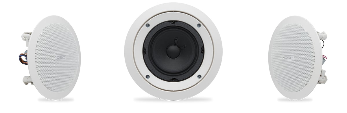 Hero front view of the AC-C4T-nb in-ceiling speaker with and without the speaker grill