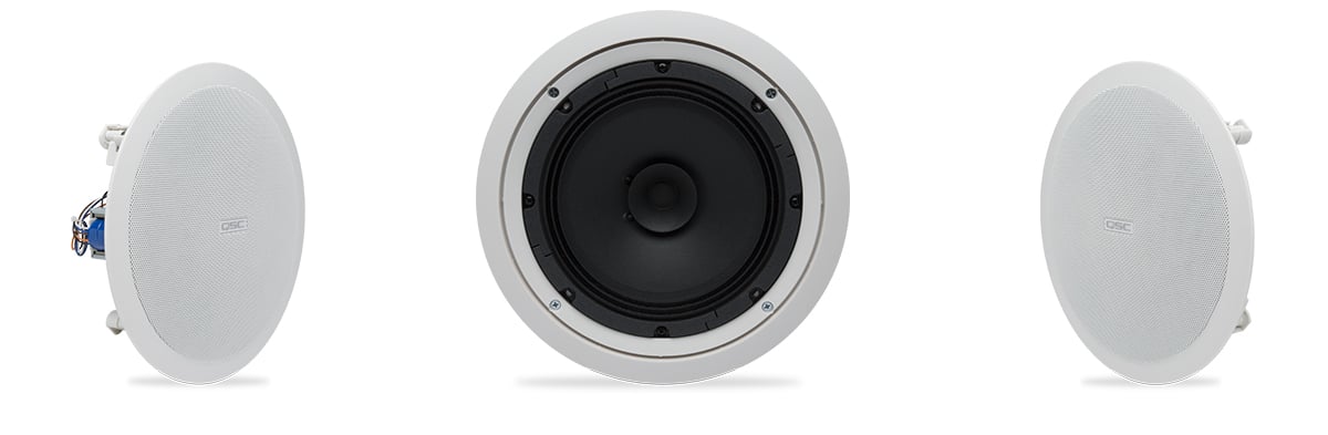 Hero front view of the AC-C8T-nb in-ceiling speaker with and without the speaker grill