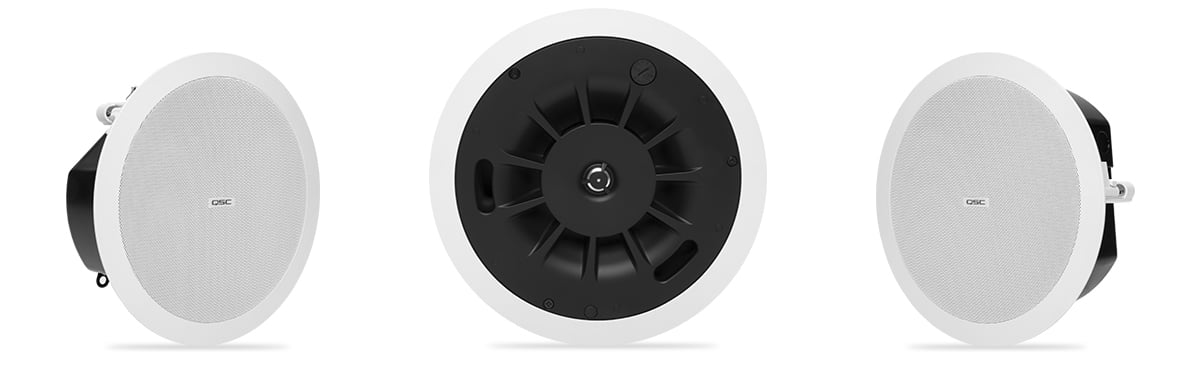 Hero front view of the AD-C4T-LP in-ceiling speaker with and without the speaker grill