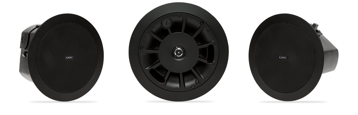 Hero front and side view of a black in color AD-C4T in-ceiling speaker with and without the speaker grill
