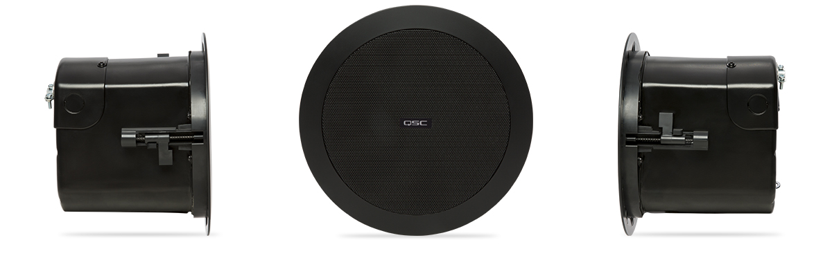 Hero front and side view of a black in color AD-C4T in-ceiling speaker