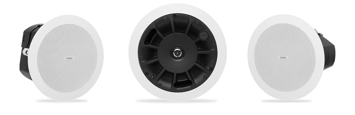 Hero front and side view of a white in color AD-C4T in-ceiling speaker with and without the speaker grill
