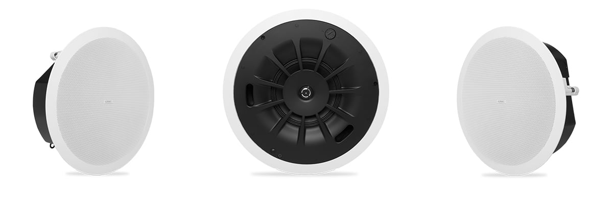 Hero front view of the AD-C6T-LP in-ceiling speaker with and without the speaker grill
