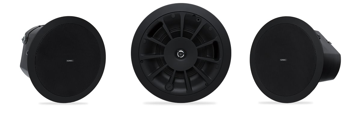 Hero front view of the black in color AD-C6T in-ceiling speaker with and without the speaker grill