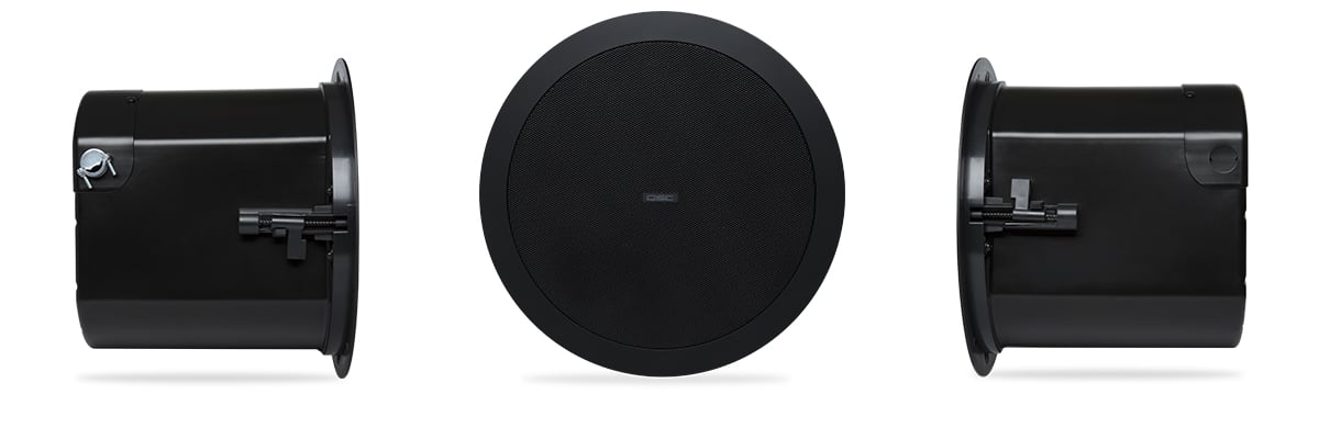 Hero front and side view of the black in color AD-C6T in-ceiling speaker