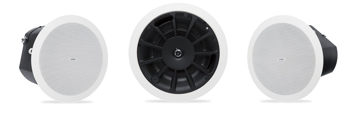 Hero front view of the AD-C6T in-ceiling speaker with and without the speaker grill