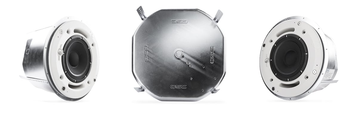 Front and rear view of the AD-C820 in-ceiling speaker without a speaker grill
