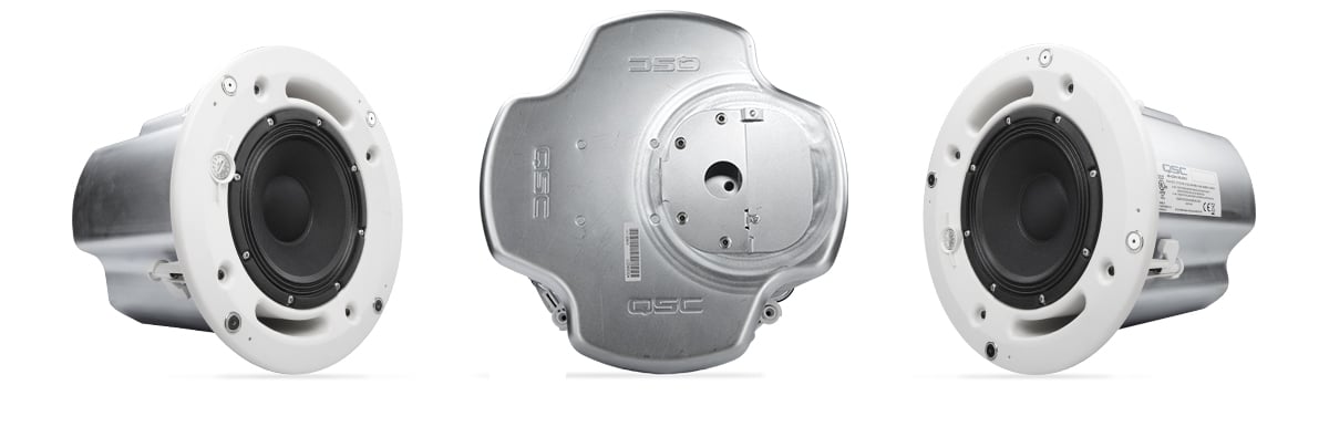 Front and rear view of the AD-C820 in-ceiling speaker without a speaker grill