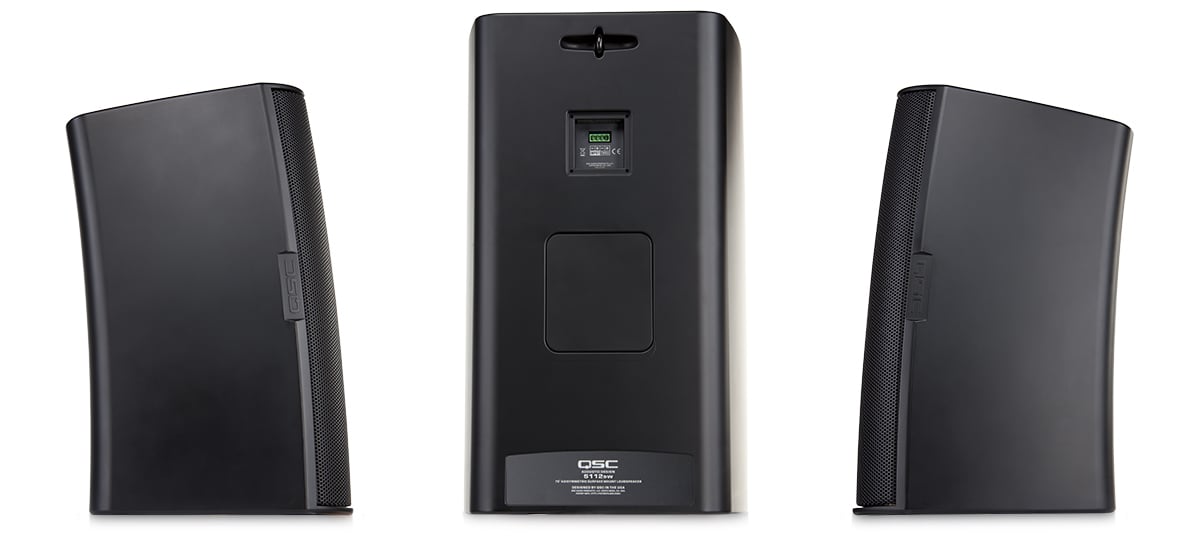 Hero rear and side view of the black AD-S112sw premium loudspeaker