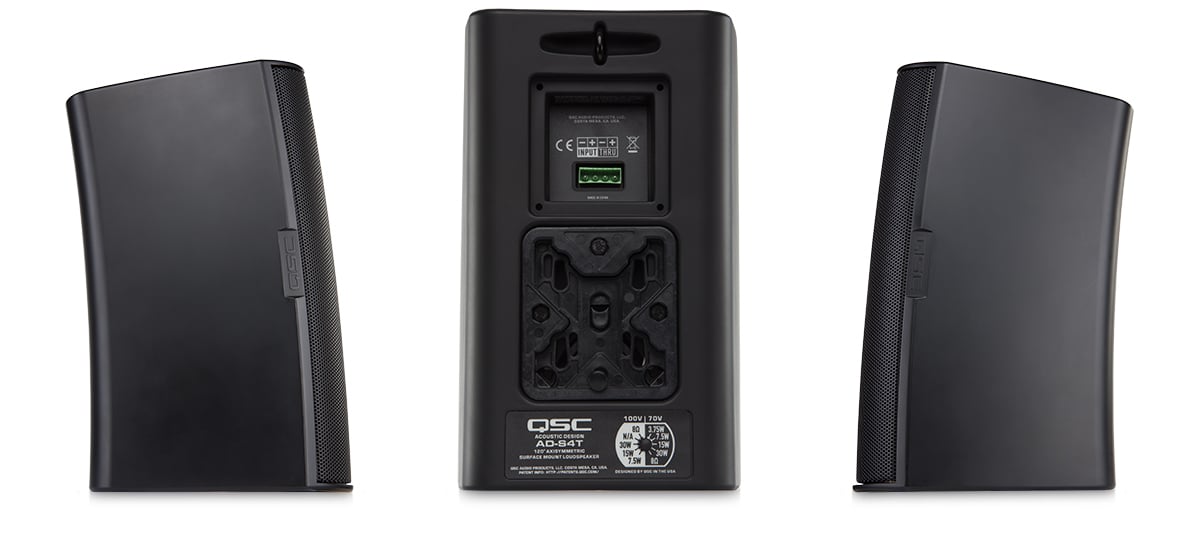 Hero side and rear view of the black AD-S4T premium loudspeaker
