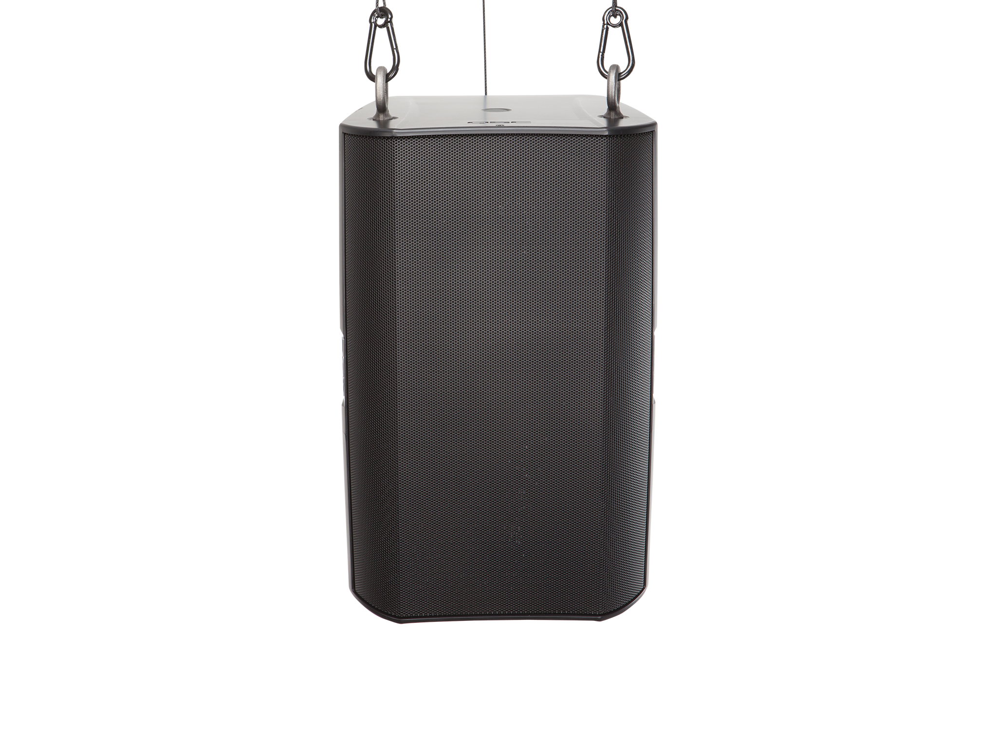 Front Image of the Black AD-S10T Loudspeaker with the M10 Eyebolt Suspension Kit
